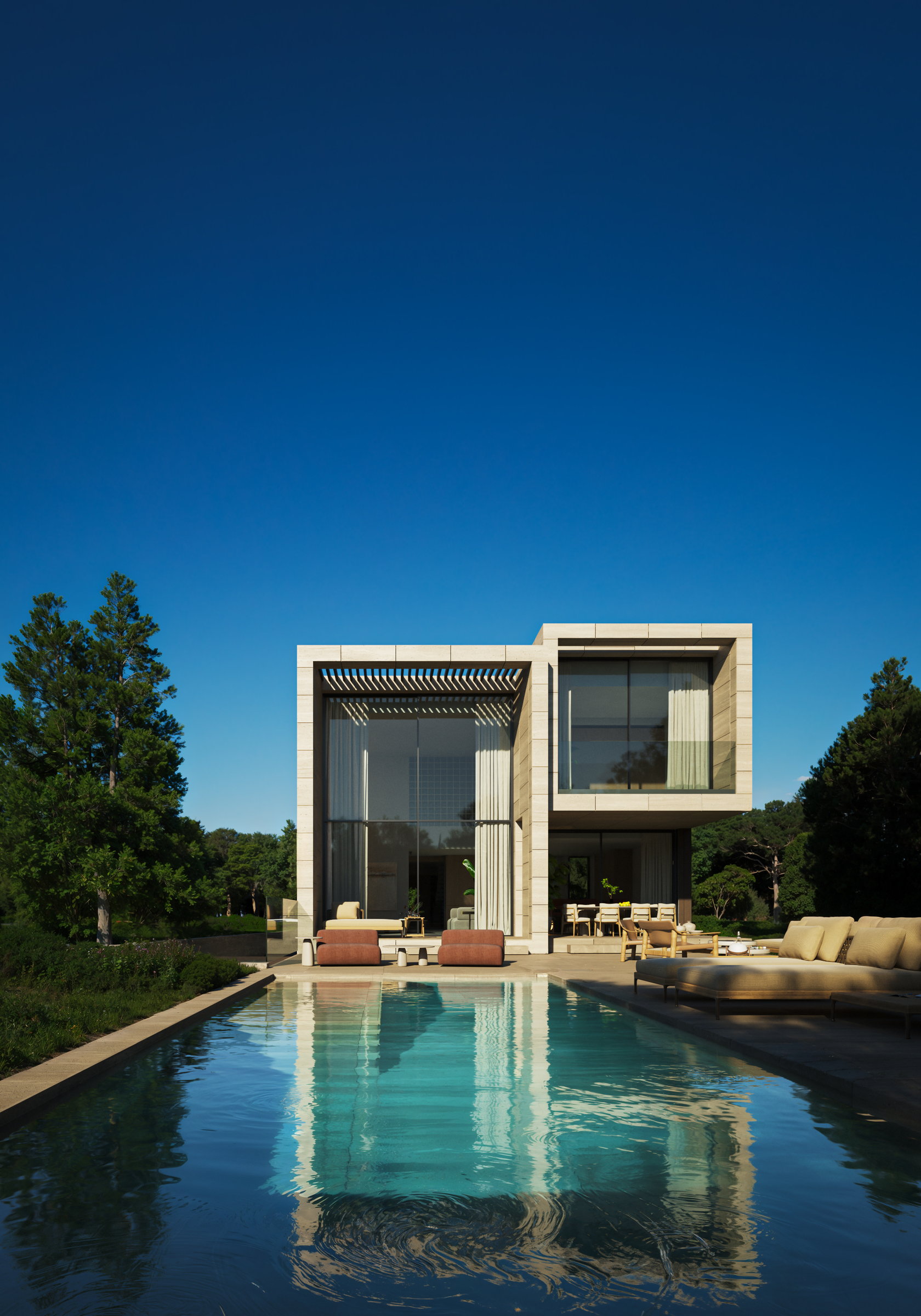 Vivienda Golf, Bétera. Piscina y fachada sur al campo de golf