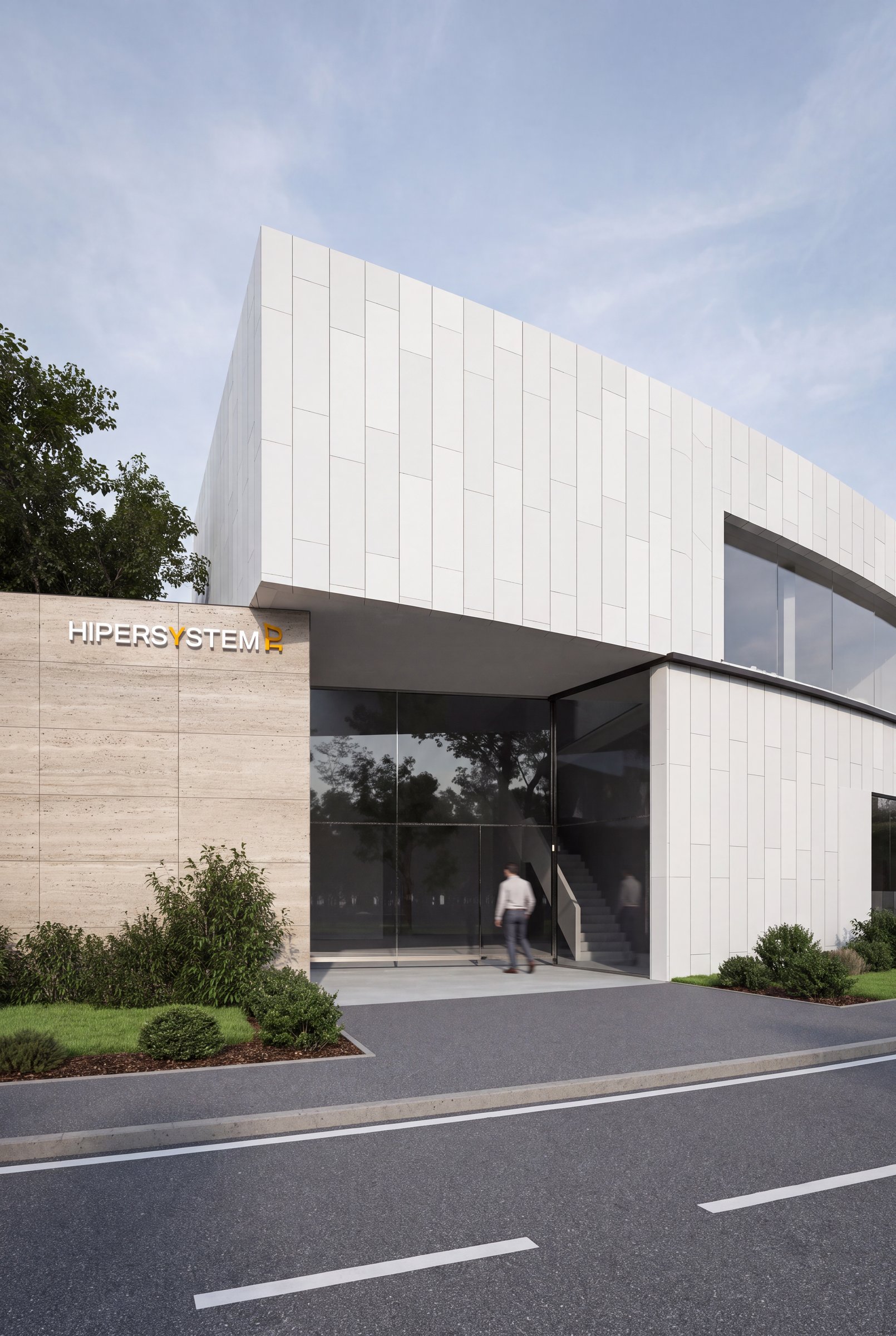 Acceso a las oficinas Hipersystem con muro de travertino y composite blanco perla
