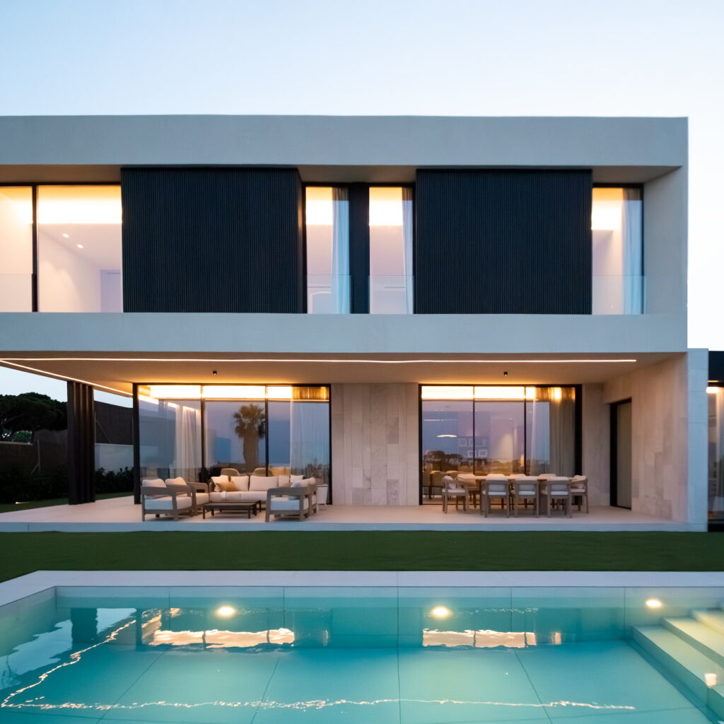 Casa Tormo en Rocafort, Valencia: fachada sur al atardecer